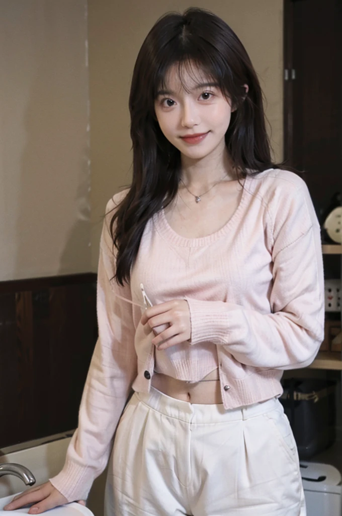 best quality, ultra high resolution, (realistically:1.4),cute hairpin,Baoyu Girl,1 girl,pink long sweater,pink long sweater ,Beautiful woman with slim figure:1.4, abdominal muscles:1.1, (a brown haired one, Medium chest:1.3), pink long sweater, bathroom,Super thin face,exquisite eyes,double eyelids,Smile,necklace