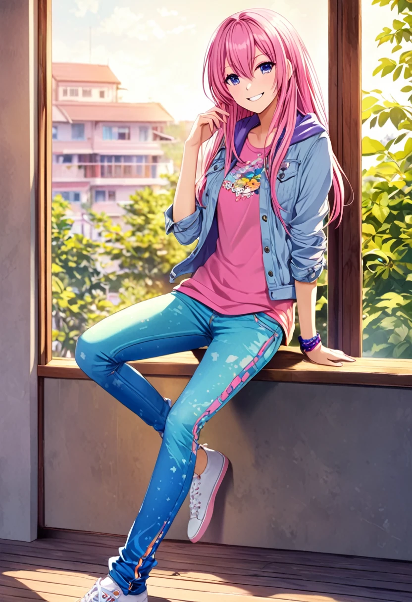 Megurine Luka casual clothes, colorful jeans, morning smile