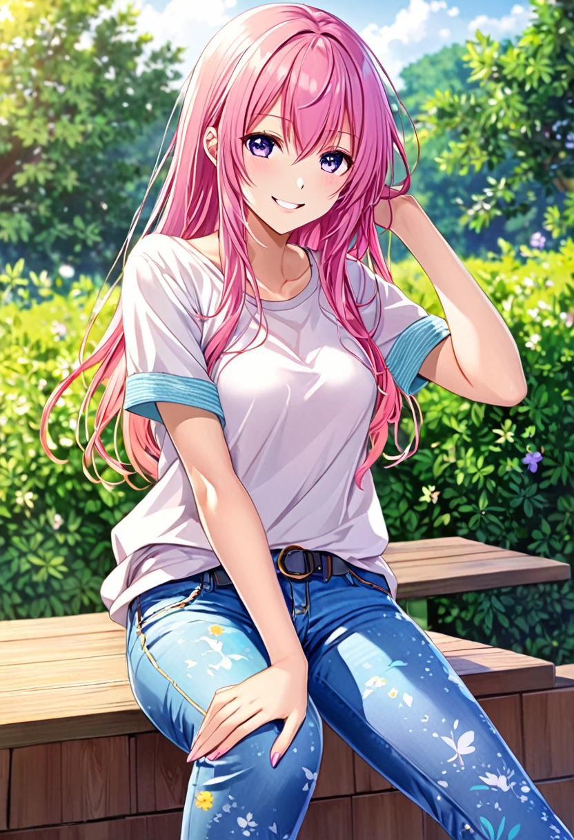 Megurine Luka casual clothes, colorful jeans, morning smile