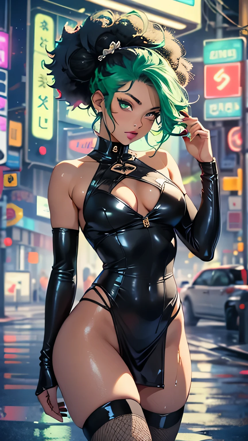 girl spacepunk,(((1girl))),((cute and beautiful afro haired girl)),((((black race)))), (large breasts:1.4),saggy breasts,((((Neon Green afro hair:1.35,((afro hair:1.35)),afrohair,afro:1.35,dark hair, Neon Green hair,Double hair bun:1.3)))),medium hair,((heterochromia:1.5, (yellow_eye and red_eye))),intricate eyes,beautiful detailed eyes,symmetrical eyes,((fat)),((((tan,dark skin,black skin:1.35,dark-skinned_female,dark skin:1.3,ebony skin,lustrous skin:1.5,bright skin: 1.5,shiny skin,very shiny skin,shiny body,illuminated skin,wet legs)))),(spider lower abdomen,narrow waist,wide hip,athletic body,inflated legs),(((detailed face))), cute,slutty,sensual,seductive look,seductive,erotic,enchanting,((nsfw)), revealing clothing,show skin,(((neon green fishnet dress))),((slave collar)),(((wet clothes,intricate outfit,intricate clothes))), (dynamic pose:1.0),solo focus,embarrassed,(centered,scale to fit dimensions,Rule of thirds), cyberpunk city by the ocean at night, with bright neon signs and dark stormy clouds and puddles, scenery:1.25, artistic photography,(photography taken by sldr),highres, sharp focus, (ultra detailed, extremely detailed), (photorealistic artwork:1.37),(extremely detailed CG unity 8k wallpaper),((synthwave background theme)),(((vibrant colors))),(intricate background),(masterpiece),(best quality),
