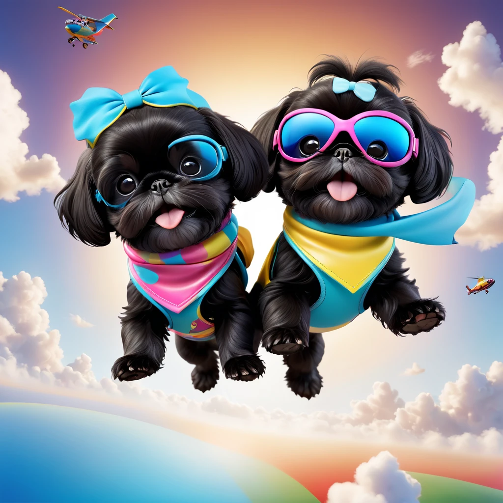 2 Adorable small black Shih Tzu puppies wearing bright bandannas and sunglasses swimming with dolphins Disney background 3d cartoon 3d render disney pixar style