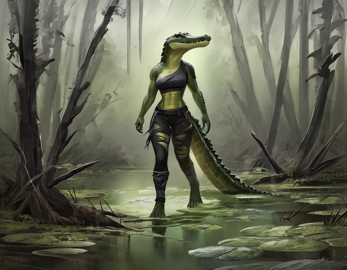  ,(Solo), concept art, anthro female crocodile, athletic, torn clothes, swamp, 