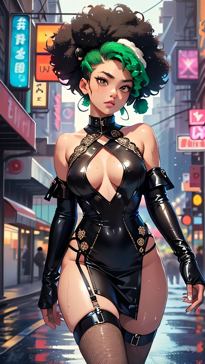 girl spacepunk,(((1girl))),((cute and beautiful afro haired girl)),((((black race)))), (large breasts:1.4),saggy breasts,((((Neon Green afro hair:1.35,((afro hair:1.35)),afrohair,afro:1.35,dark hair, Neon Green hair,Double hair bun:1.3)))),medium hair,((heterochromia:1.5, (yellow_eye and red_eye))),intricate eyes,beautiful detailed eyes,symmetrical eyes,((fat)),((((tan,dark skin,black skin:1.35,dark-skinned_female,dark skin:1.3,ebony skin,lustrous skin:1.5,bright skin: 1.5,shiny skin,very shiny skin,shiny body,illuminated skin,wet legs)))),(spider lower abdomen,narrow waist,wide hip,athletic body,inflated legs),(((detailed face))), cute,slutty,sensual,seductive look,seductive,erotic,enchanting,((nsfw)), revealing clothing,show skin,(((neon green fishnet dress))),((slave collar)),(((wet clothes,intricate outfit,intricate clothes))), (dynamic pose:1.0),solo focus,embarrassed,(centered,scale to fit dimensions,Rule of thirds), cyberpunk city by the ocean at night, with bright neon signs and dark stormy clouds and puddles, scenery:1.25, artistic photography,(photography taken by sldr),highres, sharp focus, (ultra detailed, extremely detailed), (photorealistic artwork:1.37),(extremely detailed CG unity 8k wallpaper),((synthwave background theme)),(((vibrant colors))),(intricate background),(masterpiece),(best quality),
