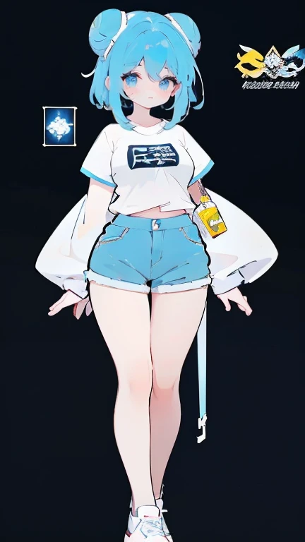 Create an anime-style female Pokémon character. she has fair skin, blue eyes and her hair is dark brown and styled in two large buns on each side of her head.. She is dressed in a tight white t-shirt with light blue sleeves.., with emblem on the chest and yellow shorts. The character wears white sneakers and is standing. Your body is well developed, Your breasts are full, Her waist is slender, your hips are wide and your thighs are thick. Your hands and feet are small. She has a beautiful smile.