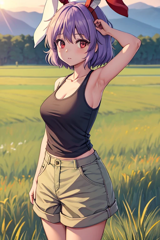 1girl (distant shot;1.5), Touhou, Reisen Inaba (distant), short hair, light purple hair clolor, red eyes color, middle sized breasts, female tank top (dirty), tactical pants (military green), Plantation fields, standing (In middle of the fields), (wide shot, wider shot), full body, distant shot, sun light