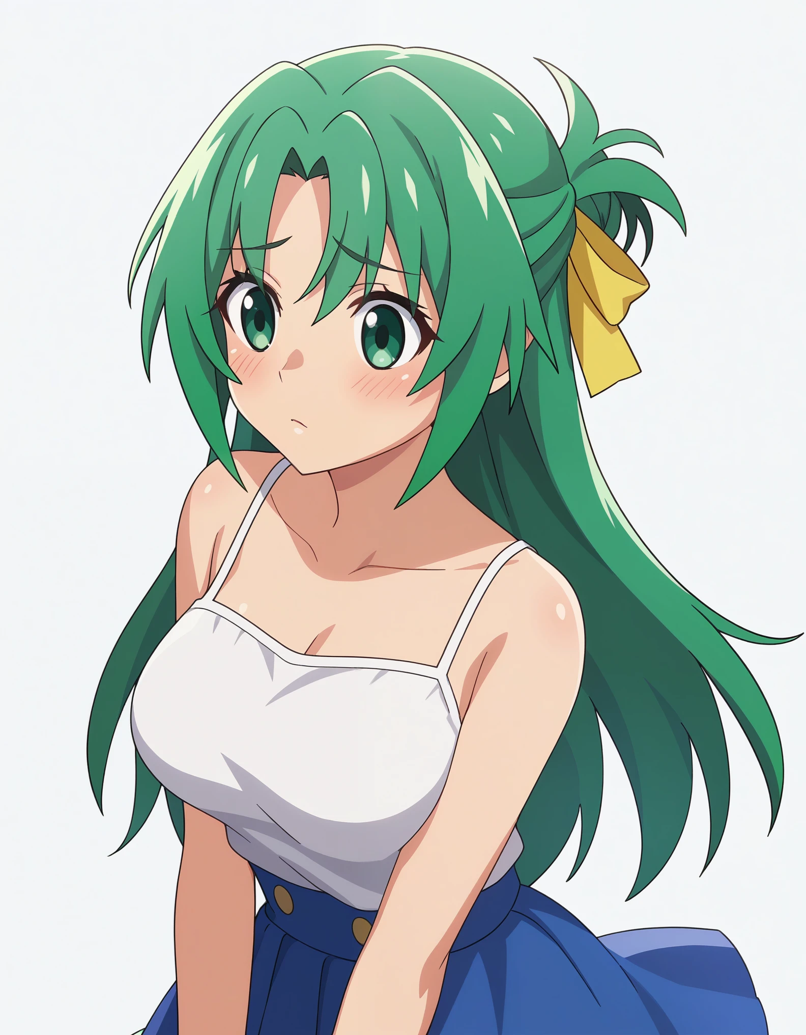 score_9, score_8_up, score_7_up, source_anime, anime_screencap, masterpiece, best_quality, uncensored, higurashimei, 
1girl, solo, sonozaki shion, green hair, long hair, yellow ribbon, half updo, hair ribbon, green eyes, big breasts, simple background, white background, skirt, blush, ribbon, white camisole, upper_body, 