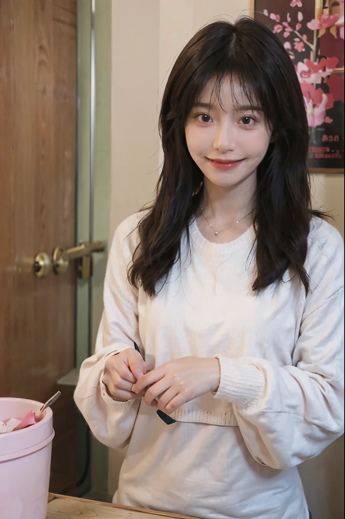 best quality， ultra high resolution， （realistically：1.4），cute hairpin，Baoyu Girl，1 girl,pink long sweater，pink long sweater ，Beautiful woman with slim figure:1.4, abdominal muscles:1.1, (a brown haired one, Medium chest:1.3), pink long sweater, bathroom,Super thin face，exquisite eyes，double eyelids，Smile，necklace