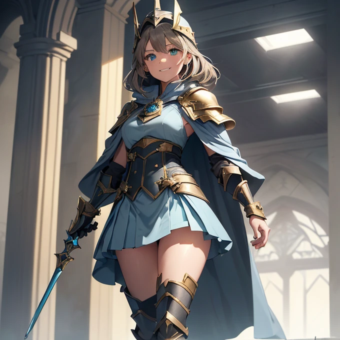 (absurdres, best high quality image, carefuly detailed features and textures, very detailed image, solo character alone, full character body and design): {{(1character: 20 years old human mage girl), (beautiful features, fair skin, medium straight light brown hair, green eyes, medium breasts, nice body), (light blue mage armor, light blue steel helmet, golden shoulder plates, grey cloak, light blue short skirt covered under light blue hip armor plates, brown short boots), (grey long steel scepter), (confident happy smile, relaxed expression), (walking through modern human modern fortress)}}