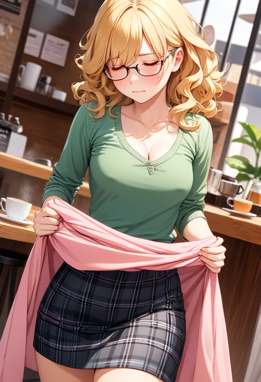 detailed illustration ,dynamic angle, ultra-detailed, detailed eyes, detailed face, 1girl, shy, long blonde hair, wavy hair, glasses, blushing, horny, holding skirt down, black plaid skirt, green blouse, pink vest, cleavage, braless, blushing, flushed, red cheeks, closed eyes, embarrassed, standing, cafe, shy, bulge under skirt, no bra, cold