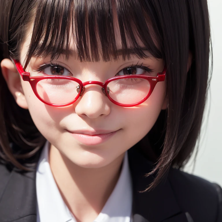 a masterpiece portrait of a beautiful young woman with a small face and a cute smile expression, wearing red glasses , With closed eyes wearing a crow mask, wearing a black formal blazer and a short skirt, in an office setting, shot with a DSLR camera, high-quality 8k UHD image with realistic skin details, detailed facial features, rim lighting, lying on the bed