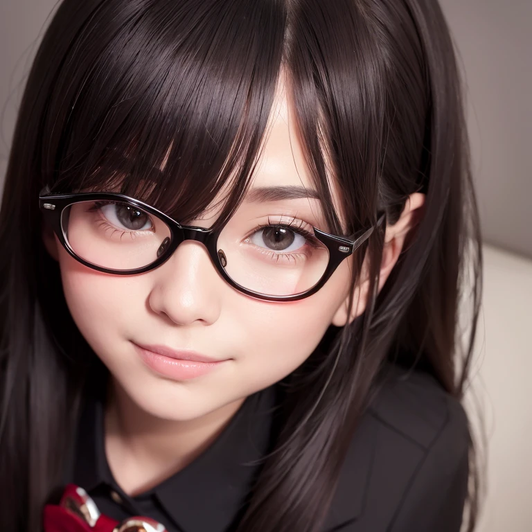 a masterpiece portrait of a beautiful young woman with a small face and a cute smile expression, wearing red glasses , With closed eyes wearing a crow mask, wearing a black formal blazer and a short skirt, in an office setting, shot with a DSLR camera, high-quality 8k UHD image with realistic skin details, detailed facial features, rim lighting, lying on the bed
