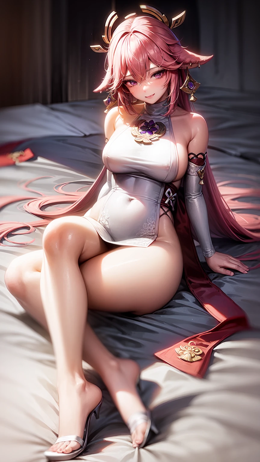 Yae Miko,purple eyes,Wedding Dress,long skirt,pantimedias,seductive face,sexual,beautiful legs,from below