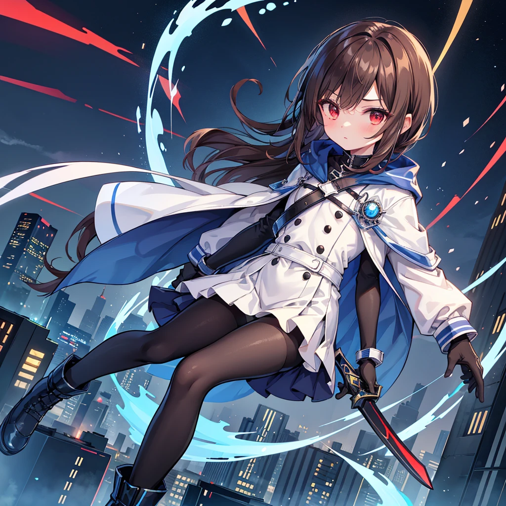 1boy, Femboy, superhero, crossdresser man, teenager, in a uniform, white long sleeved shirt, long black skirt with a white stripe, with a blue cape, a blue glowing decal in the chest, black gloves and black boots, long technological red sword, brown skinned, red eyes, feminine shoulder length dark brown hair, wide hips, thick thighs , flat chest, narrow waist, walking down street a futuristic city at night ((only one character)), (((solo)))