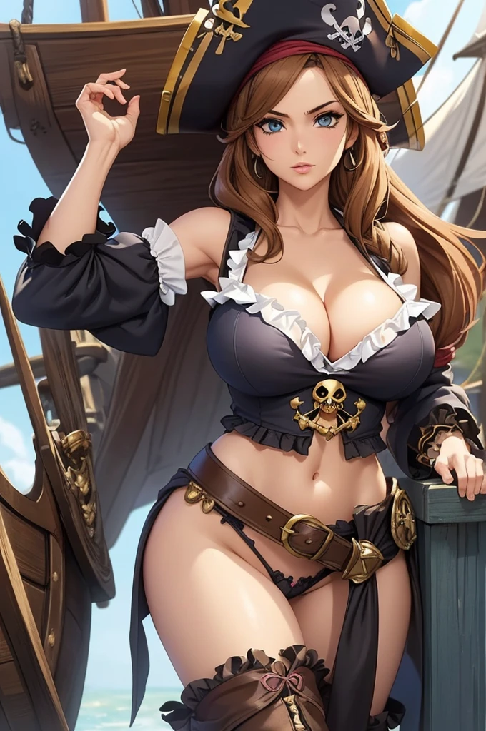 ((anime style)), (fantasy setting), (pirate ship), 1 woman, she is a pirate captain, light brown hair, detailed beautiful blue eyes, luscious lips, (((perfectly detailed gorgeous face))), ((huge perky breasts)), ((perfect sexy body)), (black frilly pirate hat), ((pirate outfit)), ((frilly white top)), boots, (((cleavage focus))).