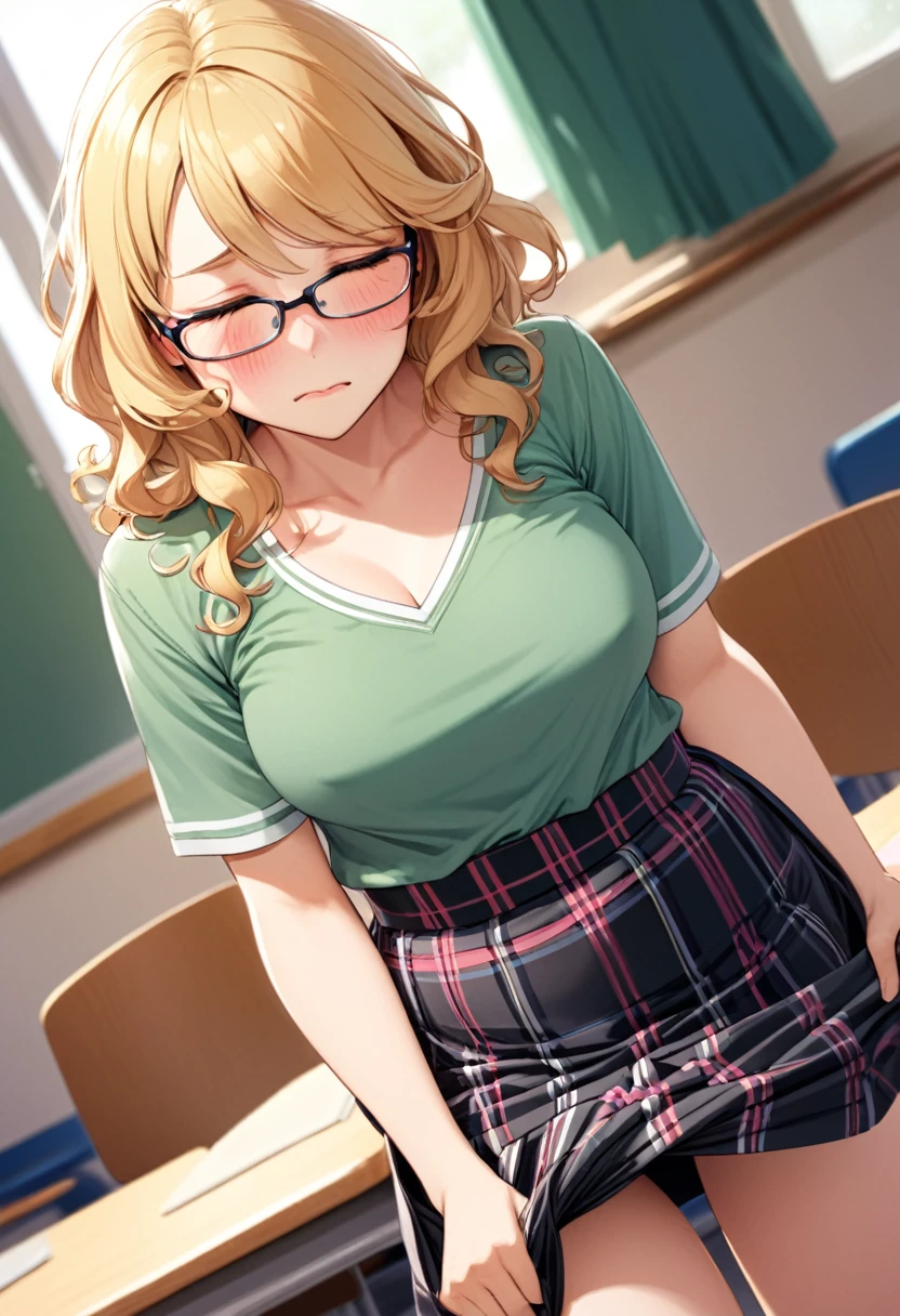 detailed illustration ,dynamic angle, ultra-detailed, detailed eyes, detailed face, 1girl, shy, long blonde hair, wavy hair, glasses, blushing, horny, holding skirt down, black plaid skirt, green blouse, pink vest, cleavage, braless, blushing, flushed, red cheeks, closed eyes, embarrassed, standing, desk, school, classroom, shy, bulge under skirt, no bra, cold