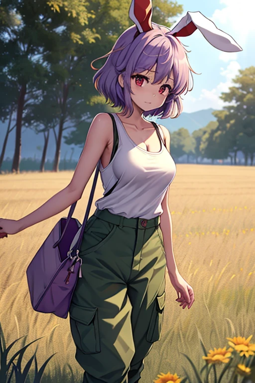 1girl (distant shot;1.5), Touhou, Reisen Inaba (distant shot;1.2), short hair, light purple hair clolor, red eyes color, middle sized breasts, female tank top (dirty), tactical pants (military green), Plantation fields, standing (In middle of the fields), (wide shot, wider shot), full body, distant shot, sun light