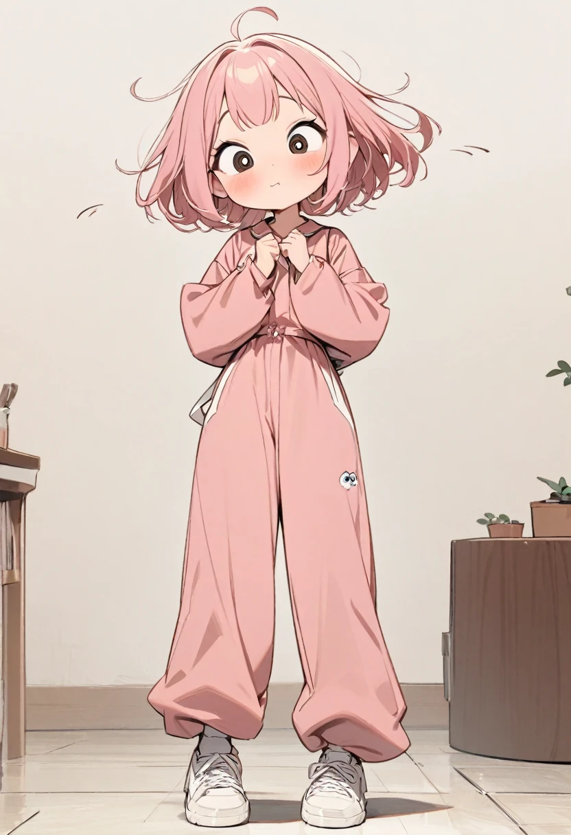 (masterpiece, best quality:1.2), Cartoon-like character design。1 girl, alone，big eyes，cute expression, pink hair, 1 hair tie，pink coveralls，white sneakers，stand，Exciting，Exciting，clean lines