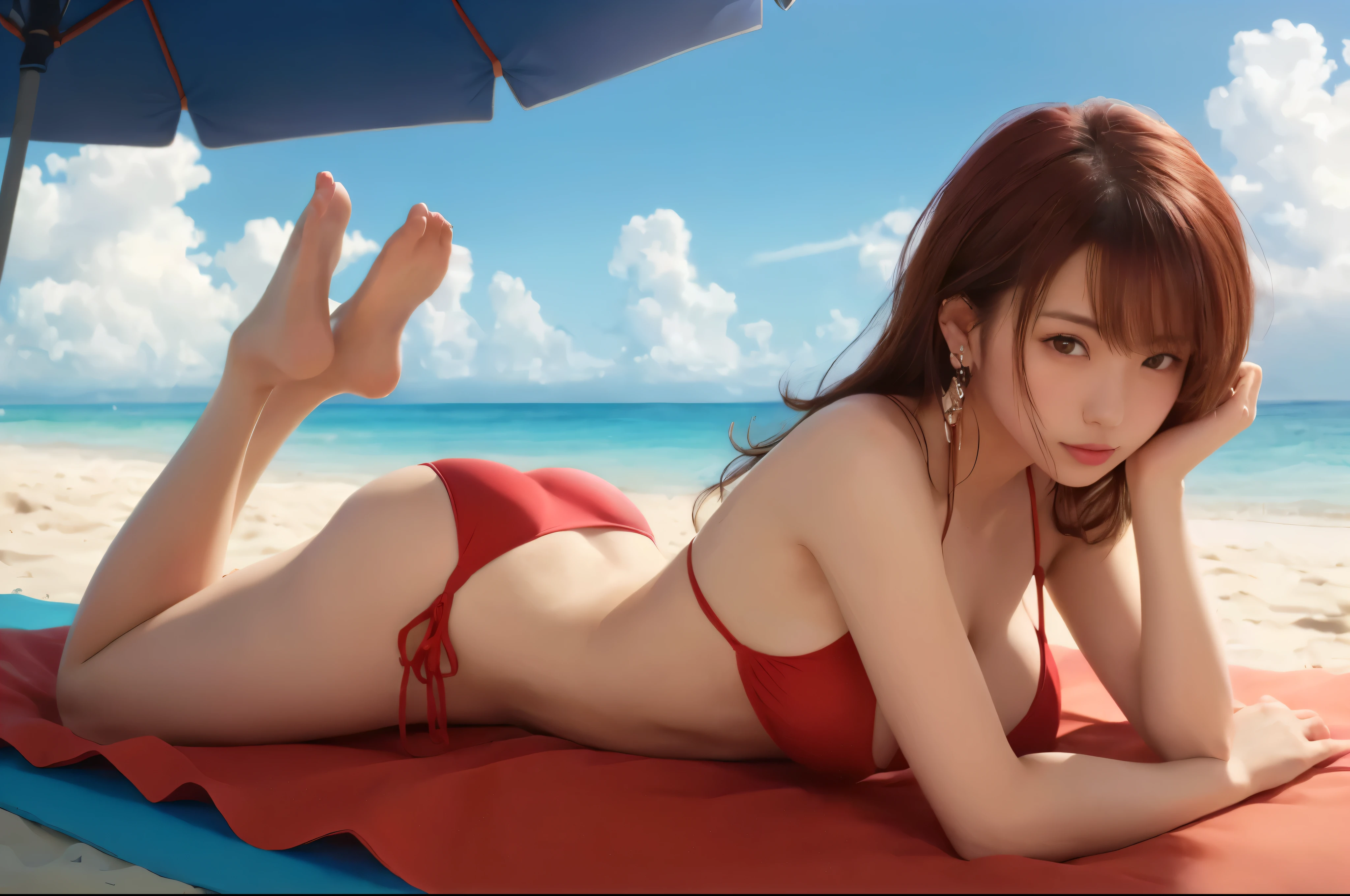 araffe woman in a red bikini laying on a beach, red bikini, trending on cgstation, deayami kojima, Yoshitomo Nara, swimsuit, realistic young gravure idol, trending at cgstation, realistic bikini, ayami kojima amano, by Torii Kiyomoto, beaching, hot with shining sun