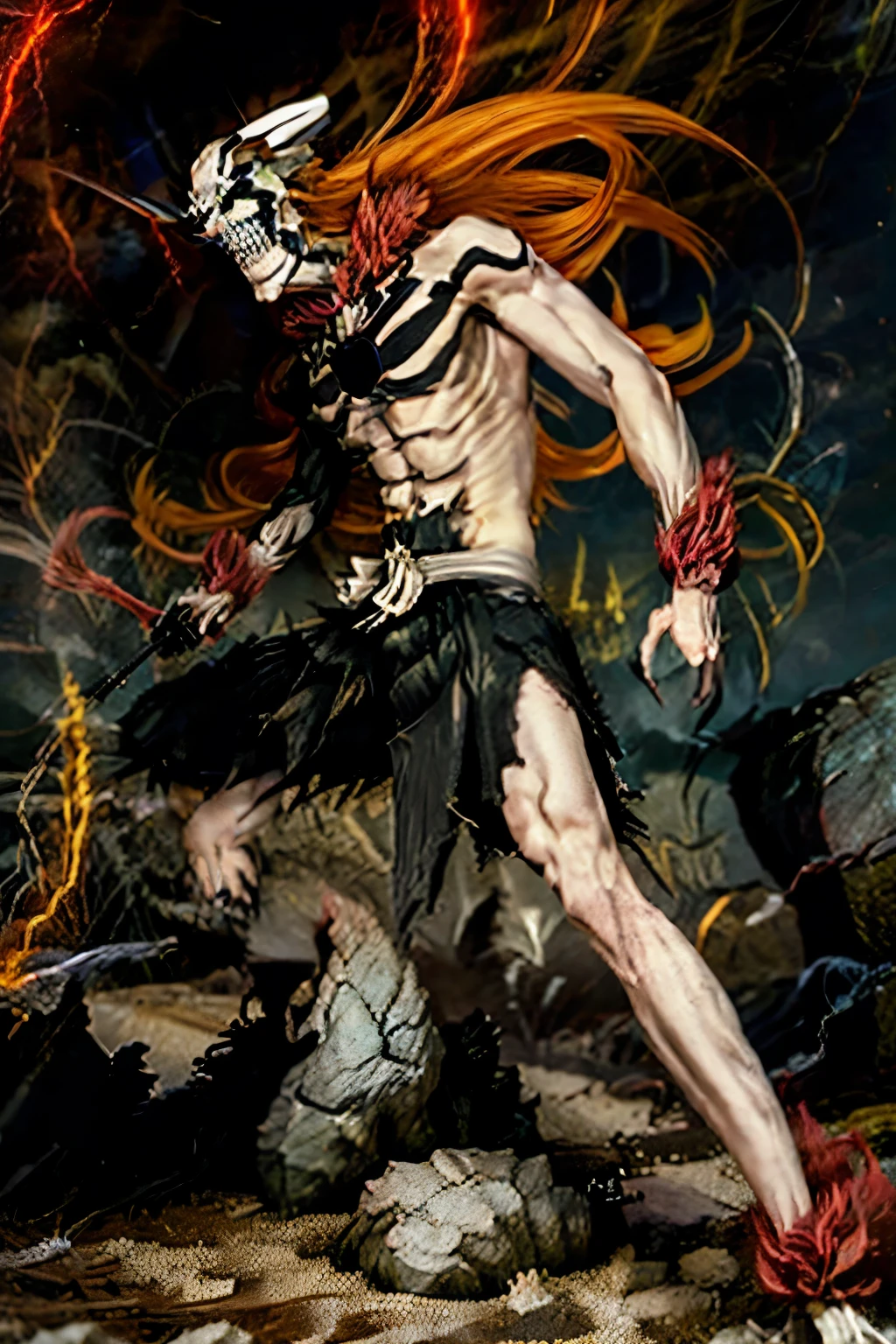 Kurosaki Ichigo from the anime Bleach in his second mode, vasto lorde. He must be in an intense combat pose, with one leg bent forward and the other stretched back, ready to attack. His skeletal body must be covered in the characteristic white armor, with sharp claws on hands and feet. The horns on your head should be long and curved, with the black Hollow markings stretching across his body. Capture the fierce glow of his yellow eyes and the dark, pulsing energy around him, as if power was emanating. Your Hollow mask must be intact, with precise details on the teeth and eye holes. The background should be dark and dramatic, reflecting the atmosphere of Hueco Mundo, with white sand dunes and a dark stormy sky. Add light and shadow effects to enhance the intensity of the scene, with sparks of black and red energy surrounding Ichigo, indicating the immense spiritual pressure he is releasing."
