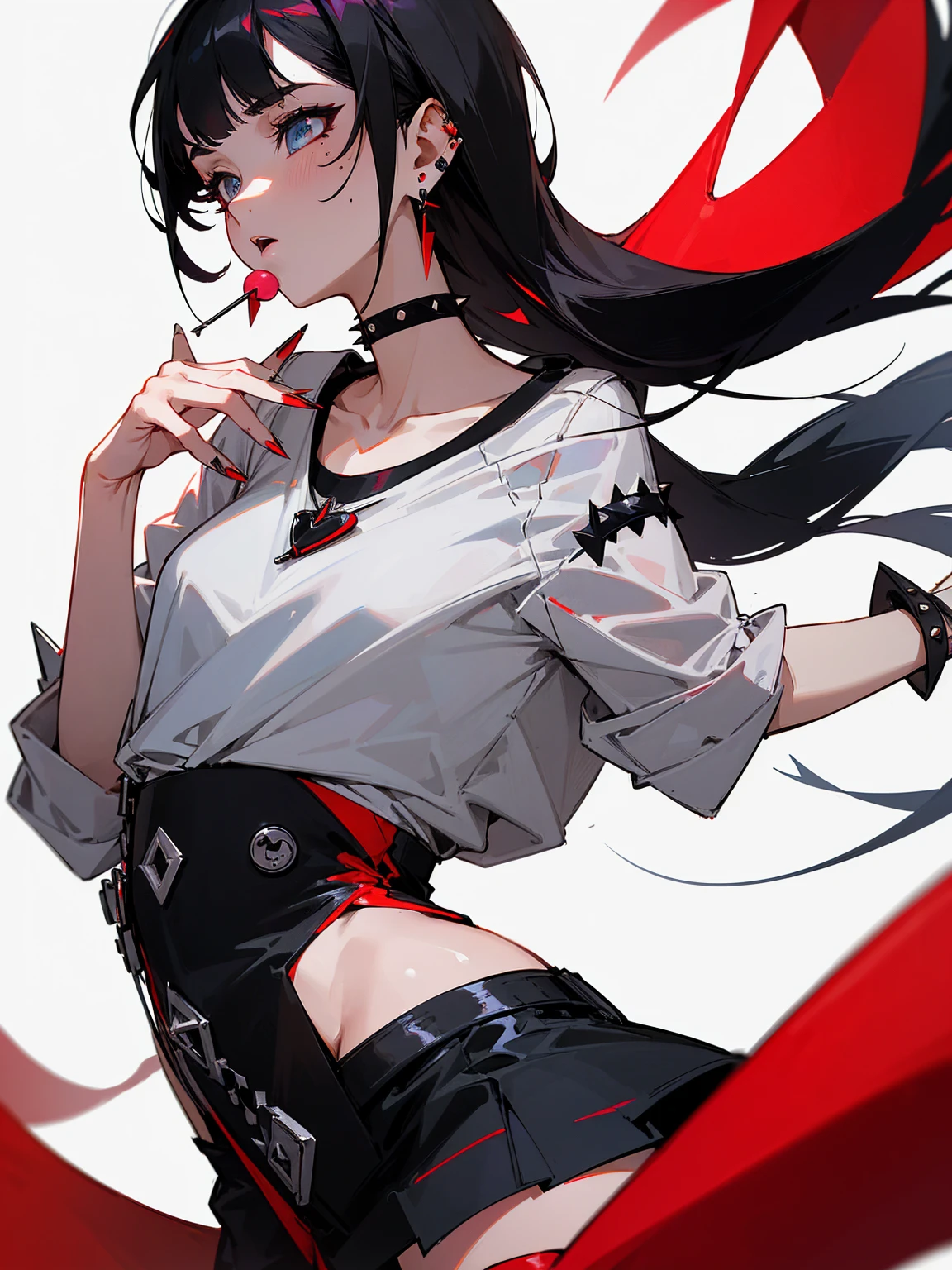 ((Long Straight Black hair)), Perfect face, Choker, Punk earrings, ((Tall)), ((High Quality)), Necklace, ((Mature)), Pretty Eyes, Sharp Nails, Bangs, ((1 Girl)), ((Multiple Earrings)), 1 girl, Spiky Earrings, Adult, Spiked Collar, Thin Eyelashes, Plain Background, Red Colors in Background, Shark Girl, Long Tail, Large Tail, Massive Tail, Shark Tail, ((Black Goth Mini Skirt)), ((White Shirt)), Close Up, Very Short Mini Skirt, Tall, Long Legs, Sexy Thigh Highs, Dynamic Pose, Black Tail, 2 moles under left eye, Lolly Pop,