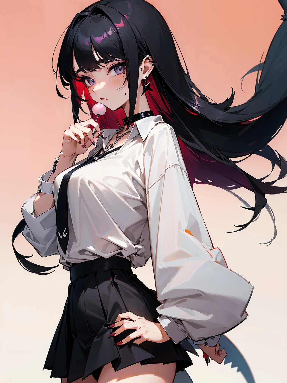 ((Long Straight Black hair)), Perfect face, Choker, Punk earrings, ((Tall)), ((High Quality)), Necklace, ((Mature)), Pretty Eyes, Sharp Nails, Bangs, ((1 Girl)), ((Multiple Earrings)), 1 girl, Spiky Earrings, Adult, Spiked Collar, Thin Eyelashes, Plain Background, Red Colors in Background, Shark Girl, Long Tail, Large Tail, Massive Tail, Shark Tail, ((Black Goth Mini Skirt)), ((White Shirt)), Close Up, Very Short Mini Skirt, Tall, Long Legs, Sexy Thigh Highs, Dynamic Pose, Black Tail, 2 moles under left eye, Lolly Pop,