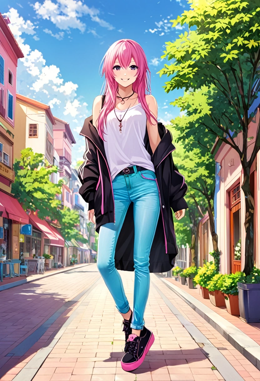 Megurine Luka casual clothes, colorful jeans, morning smile