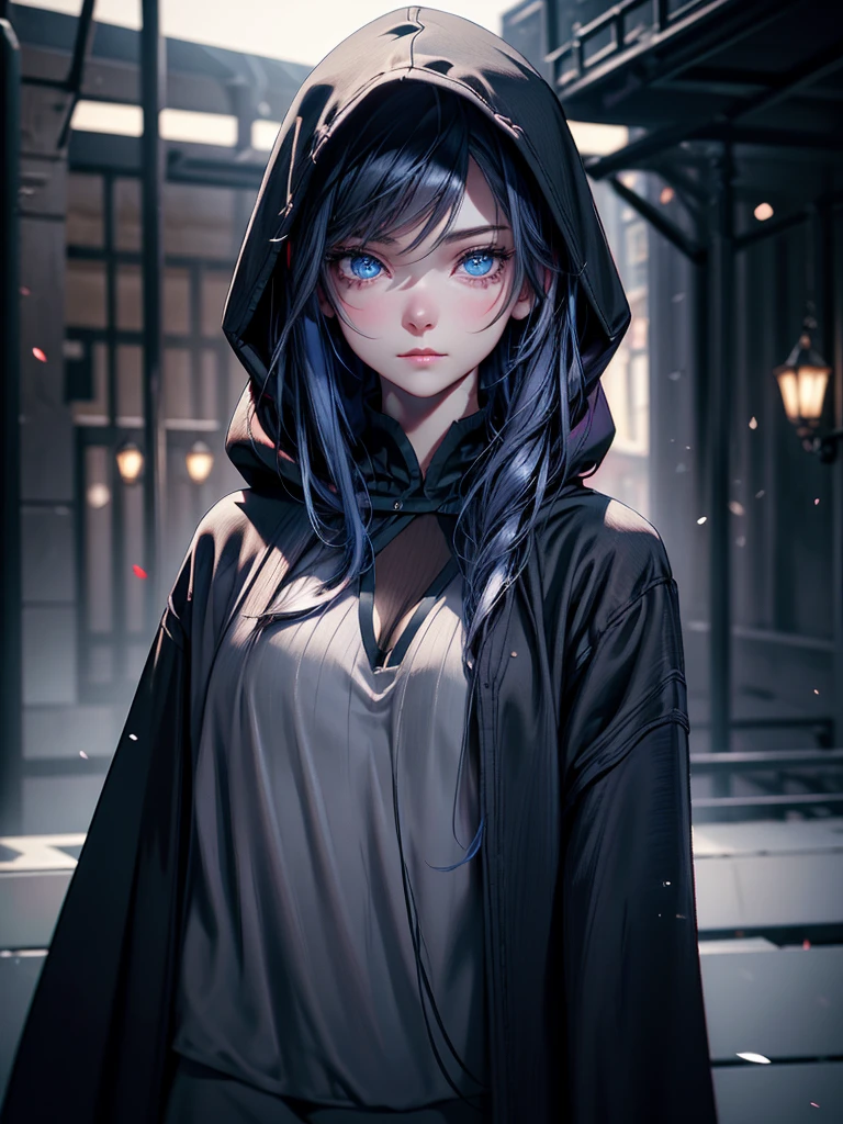 A melancholic beauty, her deep blue eyes shimmering under the moonlight, clad in a black open hoodie. This portrait captures a young woman with dark hair and a touch of sorrow in her gaze. The image is a vivid photograph that beautifully showcases her features. The subtle nuances in her expression, the way her eyes reflect the light, and the contrast of the dark clothing against her pale skin all contribute to the striking composition. The high resolution and attention to detail make this image truly captivating, drawing viewers into the emotional depth of the subject.