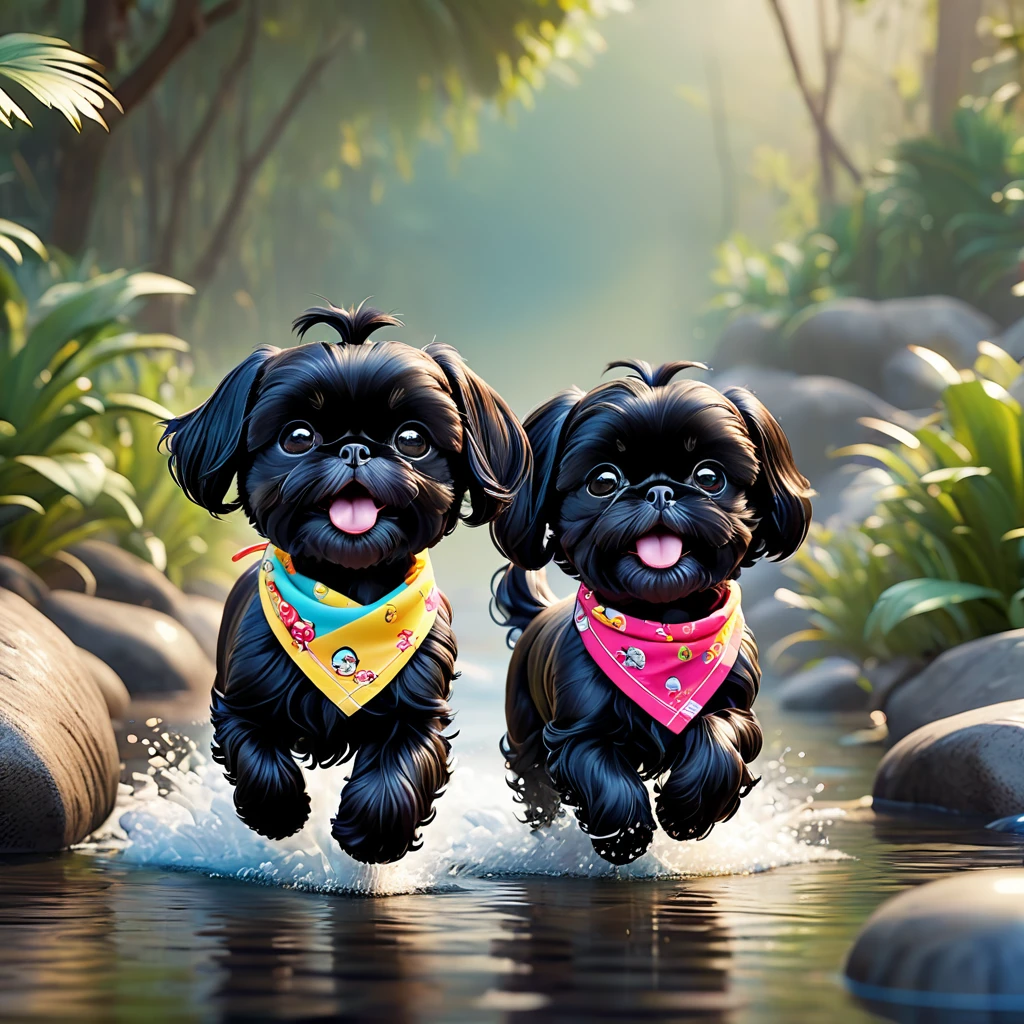 2 Adorable small black Shih Tzu puppies wearing bright bandannas and sunglasses swimming with dolphins Disney background 3d cartoon 3d render disney pixar style