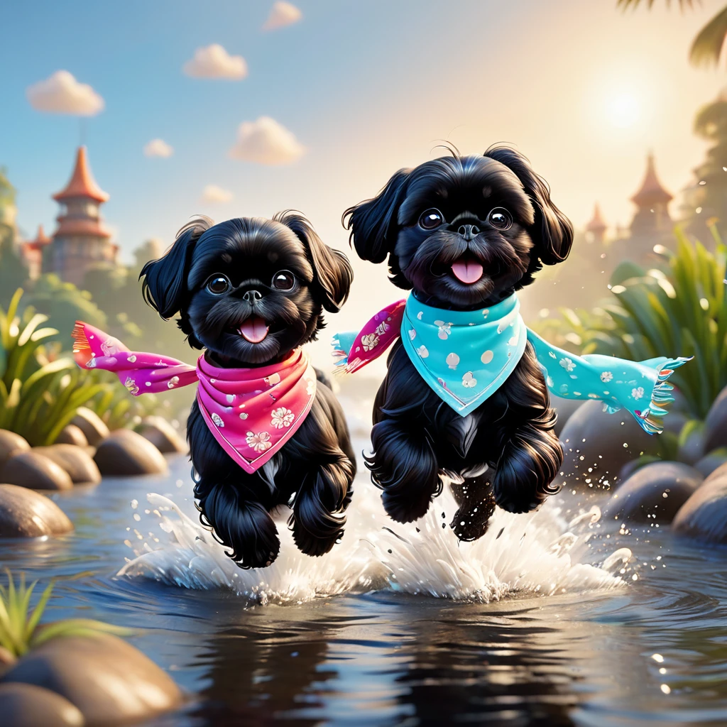 2 Adorable small black Shih Tzu puppies wearing bright bandannas and sunglasses swimming with dolphins Disney background 3d cartoon 3d render disney pixar style