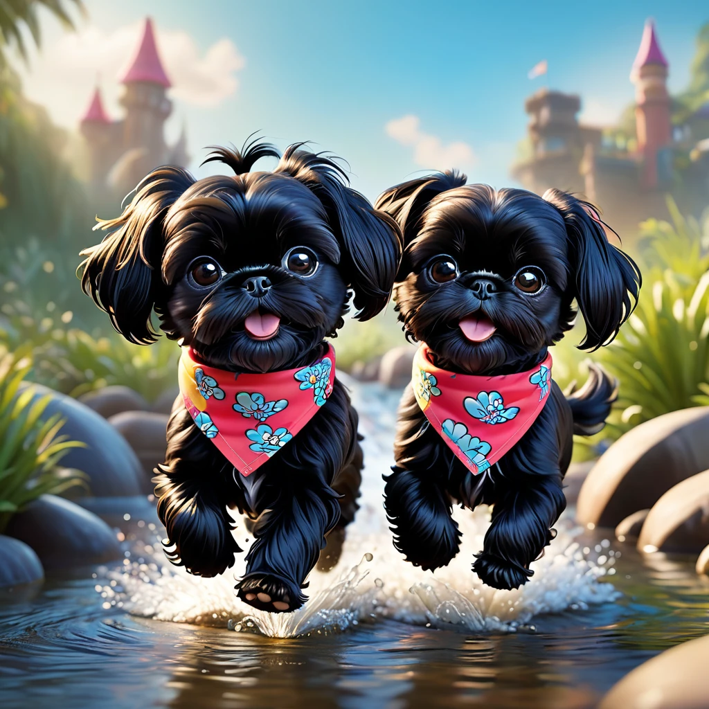 2 Adorable small black Shih Tzu puppies wearing bright bandannas and sunglasses swimming with dolphins Disney background 3d cartoon 3d render disney pixar style