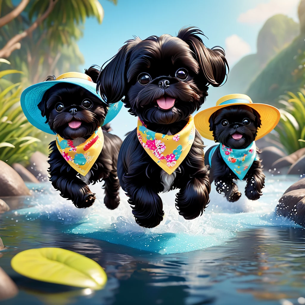 2 Adorable small black Shih Tzu puppies wearing bright bandannas and sunglasses swimming with dolphins Disney background 3d cartoon 3d render disney pixar style