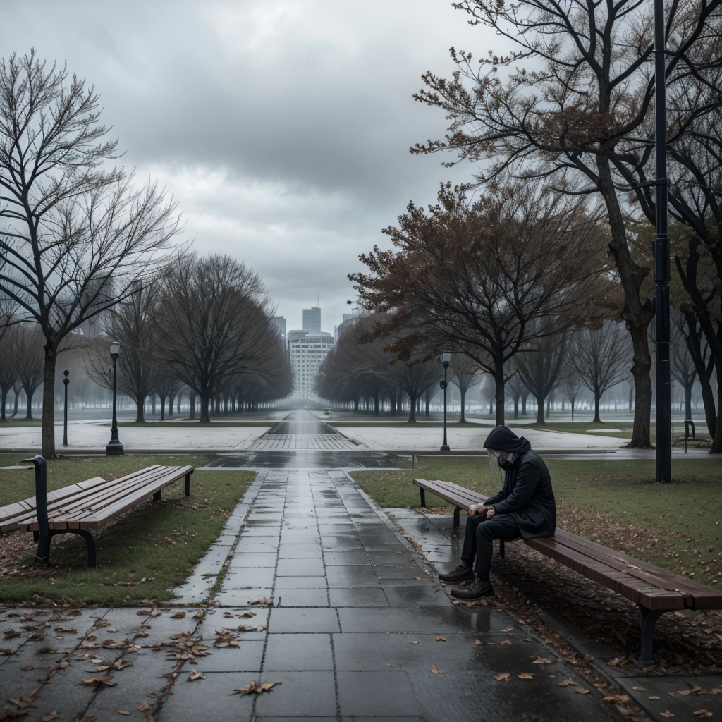 Create an image that portrays loneliness in a negative light. The image should show a lone person sitting on a park bench, under a gray and cloudy sky. The park must be empty, with bare trees and empty benches around. A pessoa, head down and shoulders slumped, must be shrouded in an aura of sadness and isolation. Ao fundo, city buildings appear gloomy and distant, further highlighting the feeling of abandonment. The weather should feel cold and damp, with dry leaves scattered on the ground, emphasizing the feeling of melancholy.