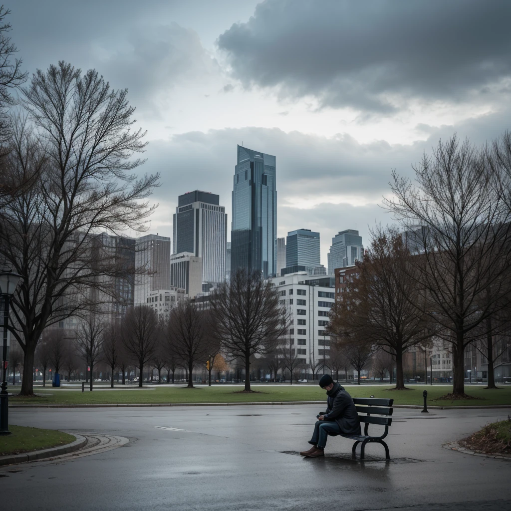 Create an image that portrays loneliness in a negative light. The image should show a lone person sitting on a park bench, under a gray and cloudy sky. The park must be empty, with bare trees and empty benches around. A pessoa, head down and shoulders slumped, must be shrouded in an aura of sadness and isolation. Ao fundo, city buildings appear gloomy and distant, further highlighting the feeling of abandonment. The weather should feel cold and damp, with dry leaves scattered on the ground, emphasizing the feeling of melancholy.