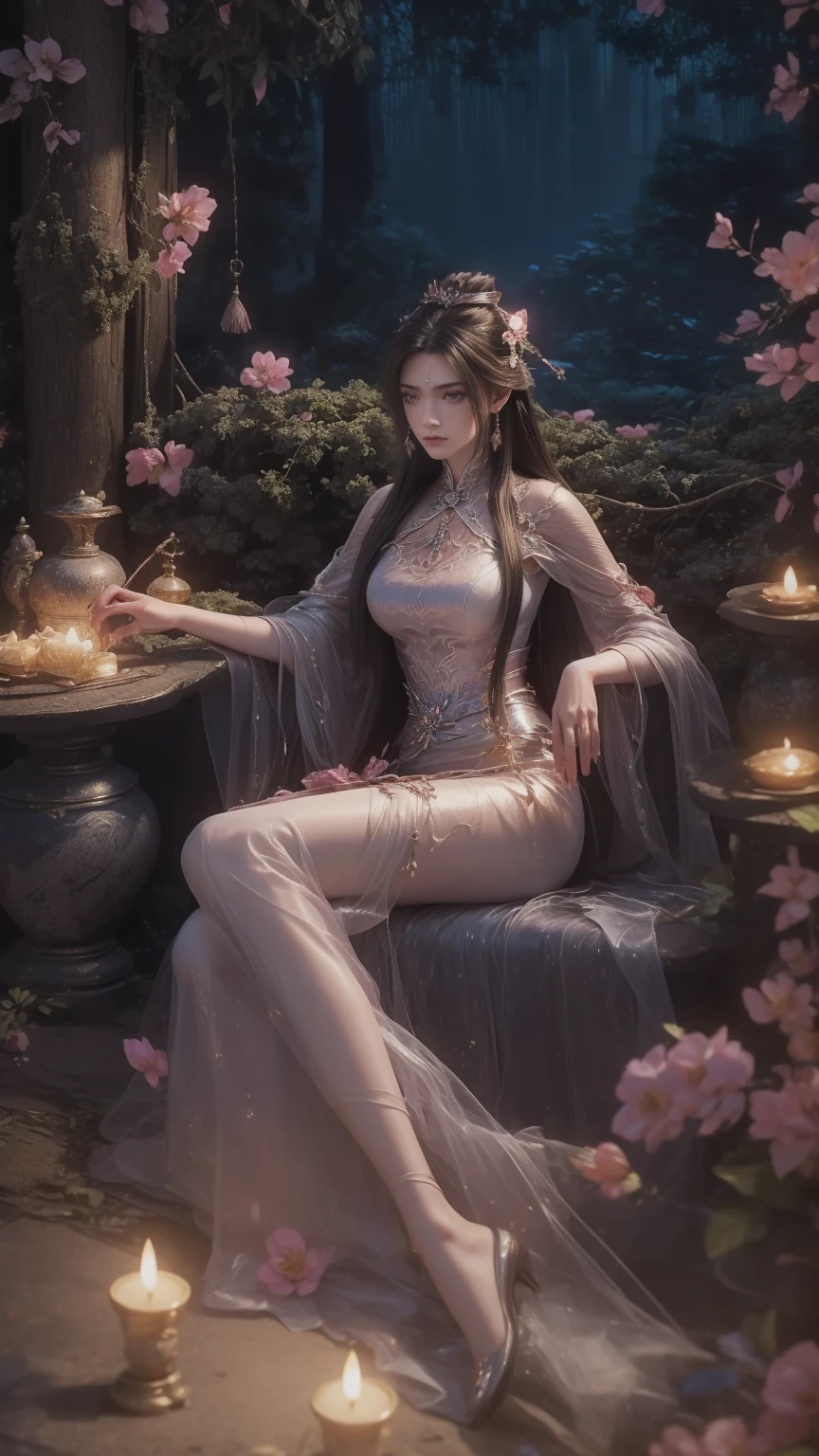 A beautiful woman with perfect curves wearing a long dress that gently flutters in the air,The beautiful woman was lie down in a sea of beautiful flowers surrounding her, Chinese traditional, her flexible body increasing with every movement, So enchanting, the dim candlelight, the glowing butterflies fighting the darkness of the night, the light of the moon, The night wind blowing the curtains, the pink flower petals , flower petals flying around the room, Chinese dancing, This woman is so beautiful that she attracts everyone who watches her, ancient China, imperial empress