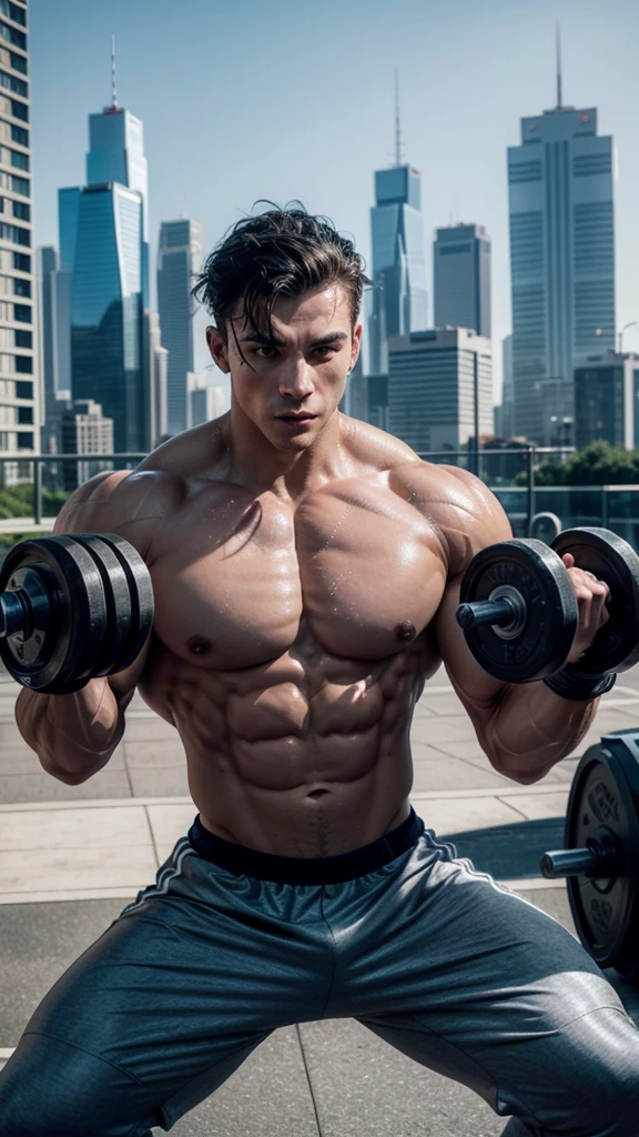 image of a bodybuilder man with a sweaty body training with weights outdoors with a futuristic city in the background

