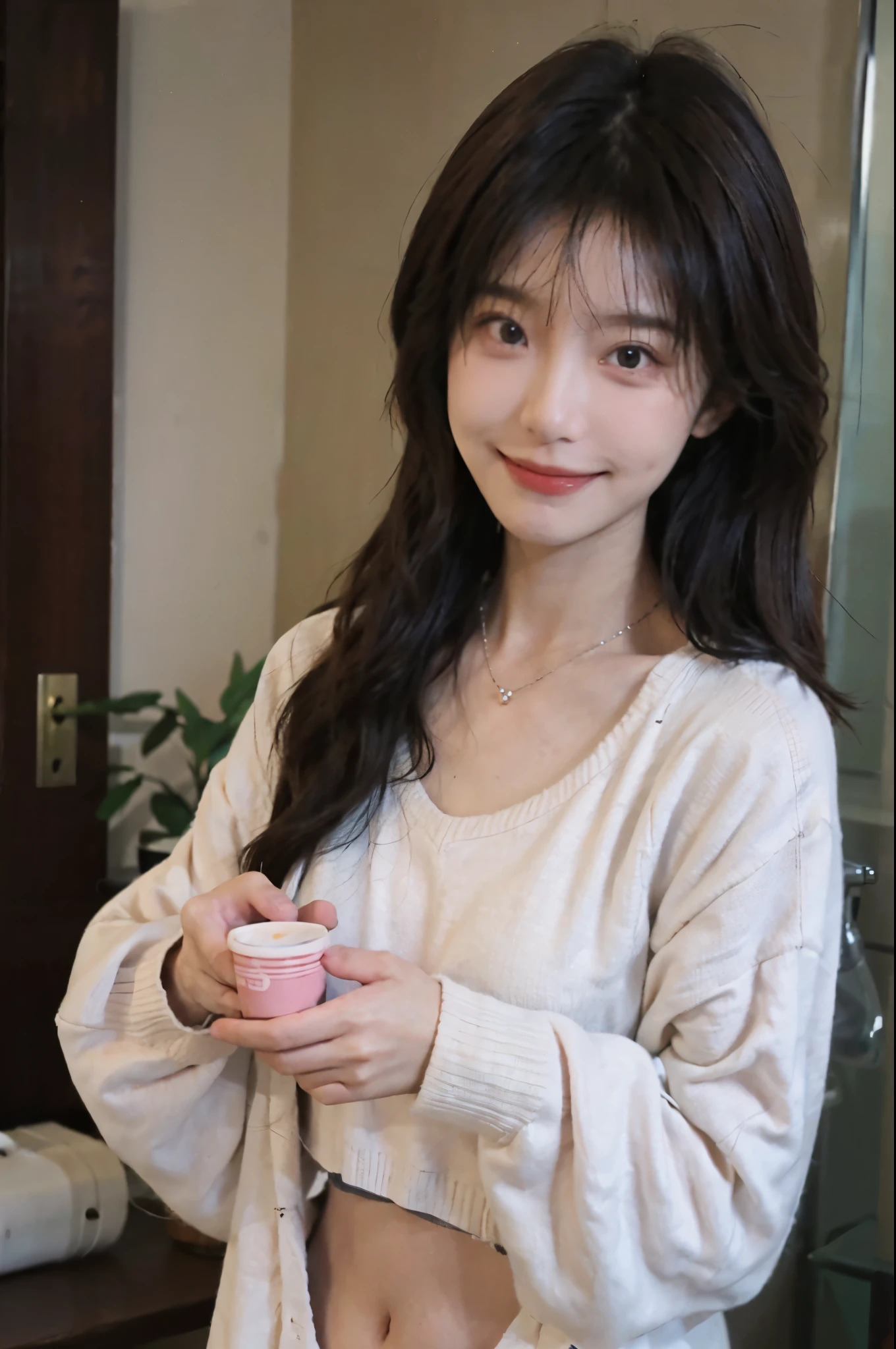 best quality, ultra high resolution, (realistically:1.4),cute hairpin,Baoyu Girl,1 girl,pink long sweater,pink long sweater ,Beautiful woman with slim figure:1.4, abdominal muscles:1.1, (a brown haired one, Medium chest:1.3), pink long sweater, bathroom,Super thin face,exquisite eyes,double eyelids,Smile,necklace