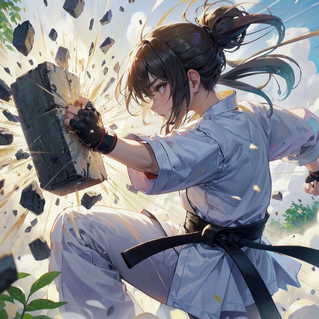 masterpiece, (textured skin), best quality, gorgeous beautiful girl, (a female karate athlete), detailed clothes,large breasts,narrow waist,, (beautiful face), cinematic lighting, (at ka venue ),