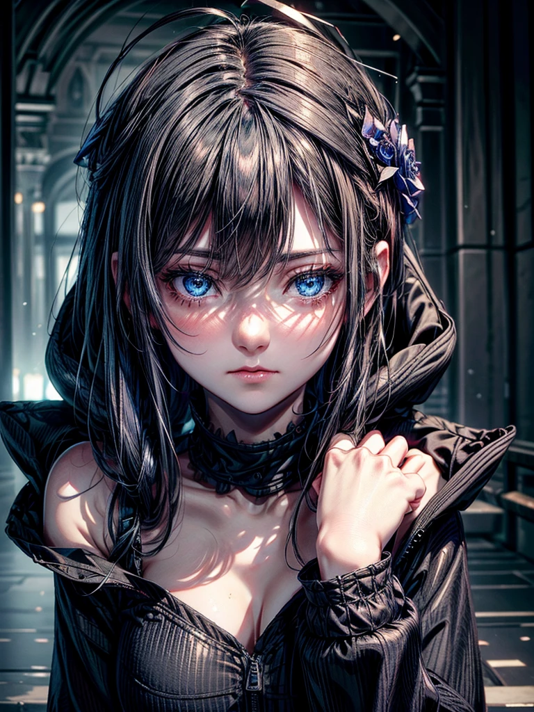 A melancholic beauty, her deep blue eyes shimmering under the moonlight, clad in a black open hoodie. This portrait captures a young woman with dark hair and a touch of sorrow in her gaze. The image is a vivid photograph that beautifully showcases her features. The subtle nuances in her expression, the way her eyes reflect the light, and the contrast of the dark clothing against her pale skin all contribute to the striking composition. The high resolution and attention to detail make this image truly captivating, drawing viewers into the emotional depth of the subject.