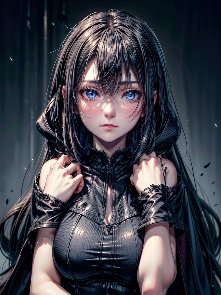 A melancholic beauty, her deep blue eyes shimmering under the moonlight, clad in a black open hoodie. This portrait captures a young woman with dark hair and a touch of sorrow in her gaze. The image is a vivid photograph that beautifully showcases her features. The subtle nuances in her expression, the way her eyes reflect the light, and the contrast of the dark clothing against her pale skin all contribute to the striking composition. The high resolution and attention to detail make this image truly captivating, drawing viewers into the emotional depth of the subject.