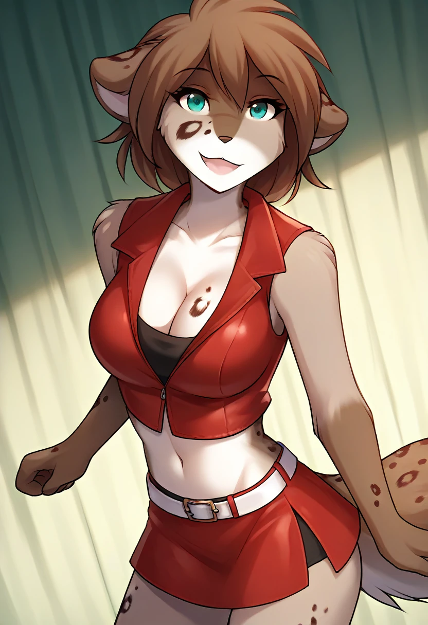 score_9, score_8_up, score_7_up, score_6_up, score_5_up, score_4_up, rating_explicit, source_furry, female, cute anthro female, cute face, detailed background, looking at viewer, solo, solo focus, (digital pen line-art, soft lines, soft shading, pinup, cartoon, anime:1.2), tkkathrin, keidran, mammal, spotted fur, teal eyes, anthro, MEIKO, (short red sleeveless jacket with a black undershirt, midriff, cleavage, busty, stage, small red skirt held with a white belt, skin-tight shorts:1.4), microphone, singing, (black panties:1.4), 