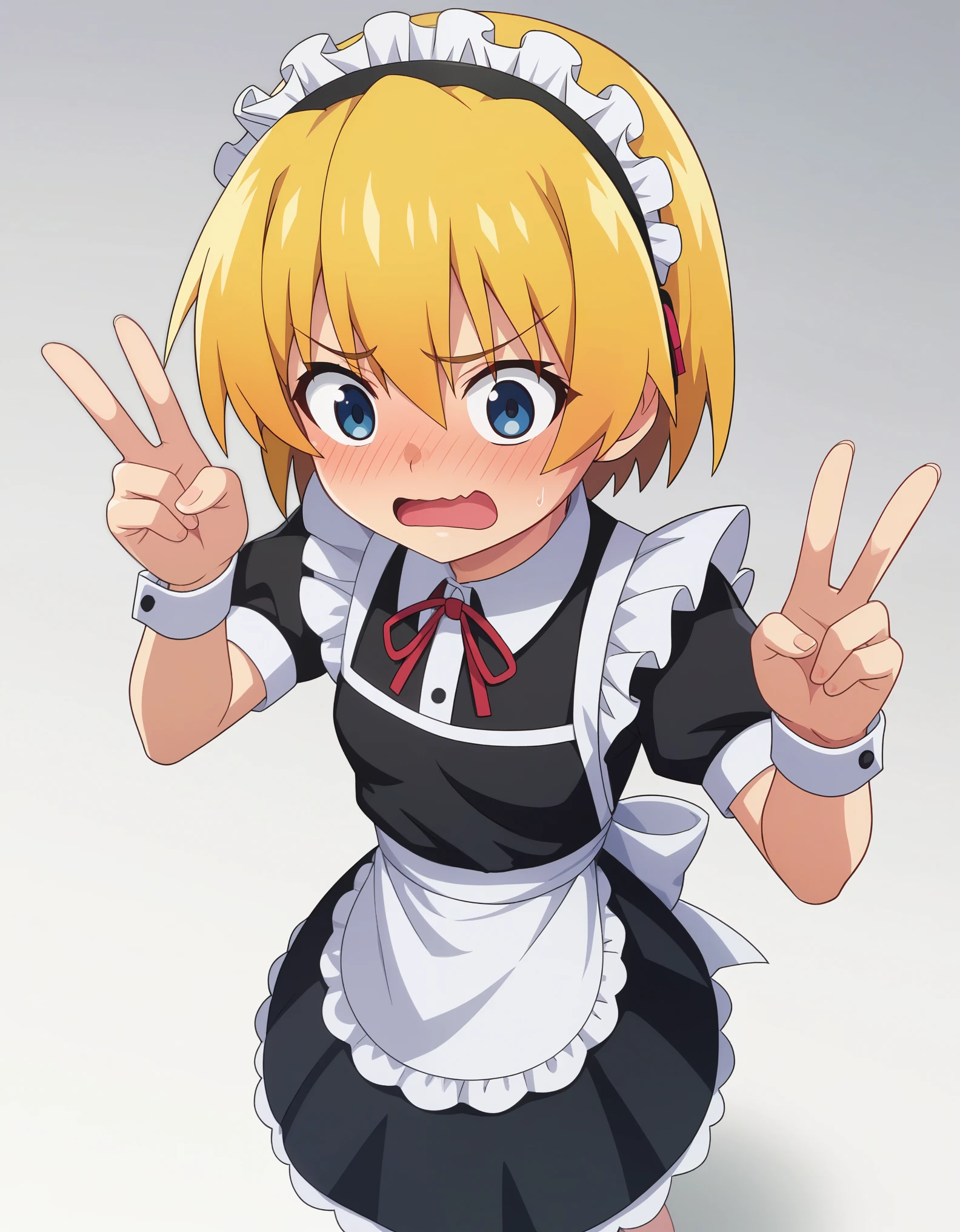 score_9, score_8_up, score_7_up, source_anime, anime_screencap, masterpiece, best_quality, uncensored, higurashimei, 
1girl, houjou satoko, solo, (teen:1.2), kawaii, (small breasts, breasts), blonde hair, short hair, hairband, simple background, white background, maid_headdress, maid_apron, maid, maid_day, embarrassed, open_mouth, wavy_mouth, upper_body, from_above, V