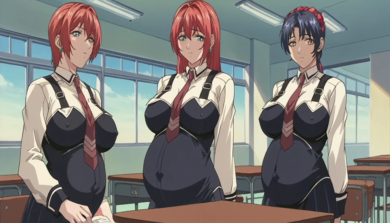 score_9, score_8_up, source_anime Bibl3, school assembly, many characters, girls in , pregnant, school gymnasium, redhead teacher speaking at podium, pregnant, huge breasts, wide hips, pretty girls,