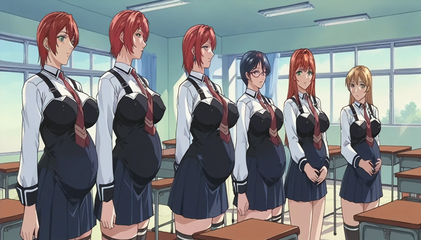 score_9, score_8_up, source_anime Bibl3, school assembly, many characters, girls in , pregnant, school gymnasium, redhead teacher speaking at podium, pregnant, huge breasts, wide hips, pretty girls,