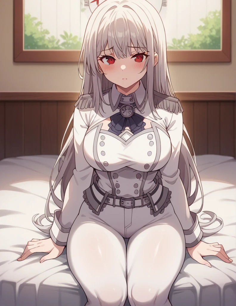 1girl, solo, long hair, big breasts, looking at viewer, bangs, clock blue eyes, red eyes, blush, sitting, nudes, brassiere, pantyhose, underpants, indoors, on the bed, white brassiere, white pantyhose, white underpants, blush, clock eyes, blue eyes, medium hips,