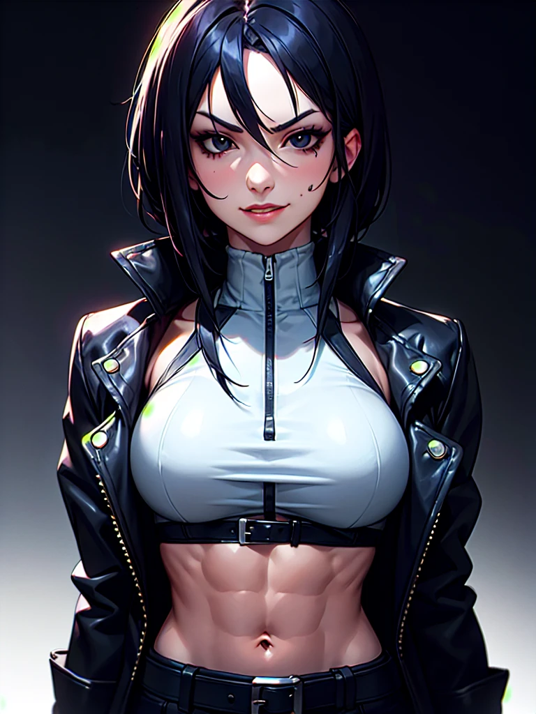 ((Portrait)), She has a Tough Appearance, with Ruthless Charm and a Muscular Build. She Expresses a Mischievous and Smug Look, Giving Off a Self-Confident Attitude. She has Black Eyes, Her Hair is Short and Tousled, Dark Blue, with Untidy Strands Falling Around Her Face. She Wears an Oversized, Open Black Jacket, with a High-neck Cropped Underbust T-shirt, Revealing Her Midriff. ((Portrait, HDR, Dark Background))