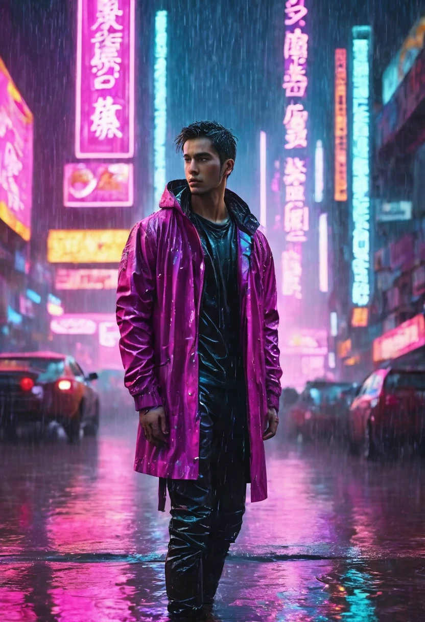 (work of art, best qualityer, high resolution, fondo de pantalla de unidad 32k, extremely detailed CG:1), (faint illustration on stage:1.0), ((1 handsome young man:1.55 por cyberpunk:1.5 )),(( Cyberpunk Night City:1.4)), futuristic cars neon signs,rain in a dark place, ((wet clothes magenta neon lights illuminating the young man perfectly:1.45) . 32k