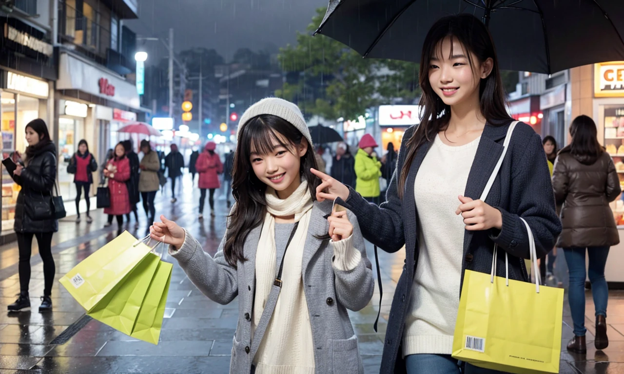 Girl happily shopping in the rain