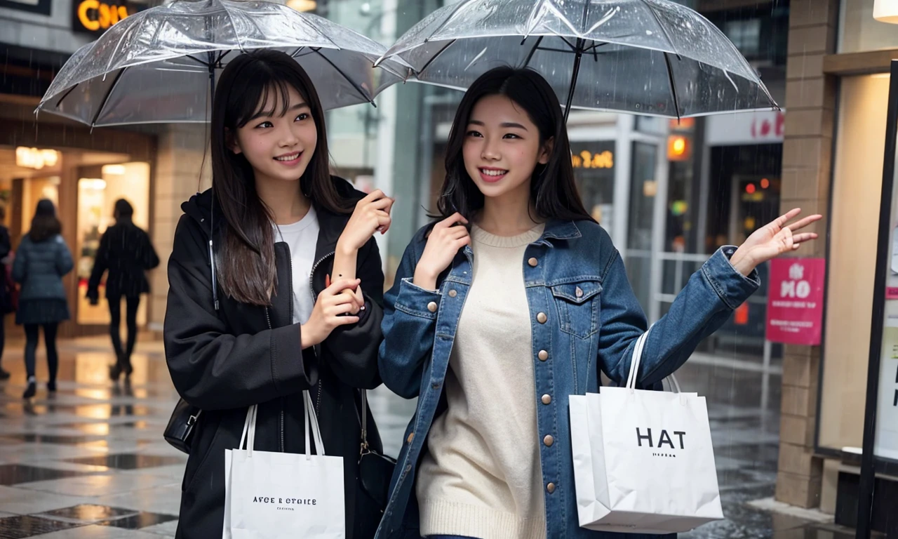 Girl happily shopping in the rain