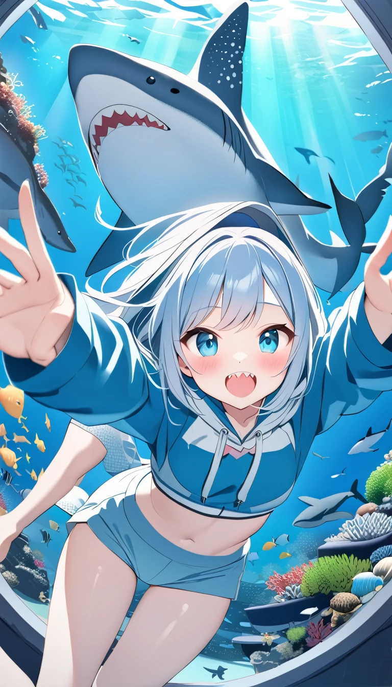 Highest quality、masterpiece:1.3、Perfect ???????、One Girl、Shark-chan、かわいいShark-chan、Shark-themed hoodie、Shark teeth on the hood、Wearing a hood、Light Blue Hoodie、Girl with open mouth、Sharp teeth、Shark themed hoodie、Light blue culottes、Random pose、break、aquarium、Large aquarium、美ら海aquarium、Highly detailed whale shark、A whale shark swimming gracefully in the tank、暗いaquarium、Low light、