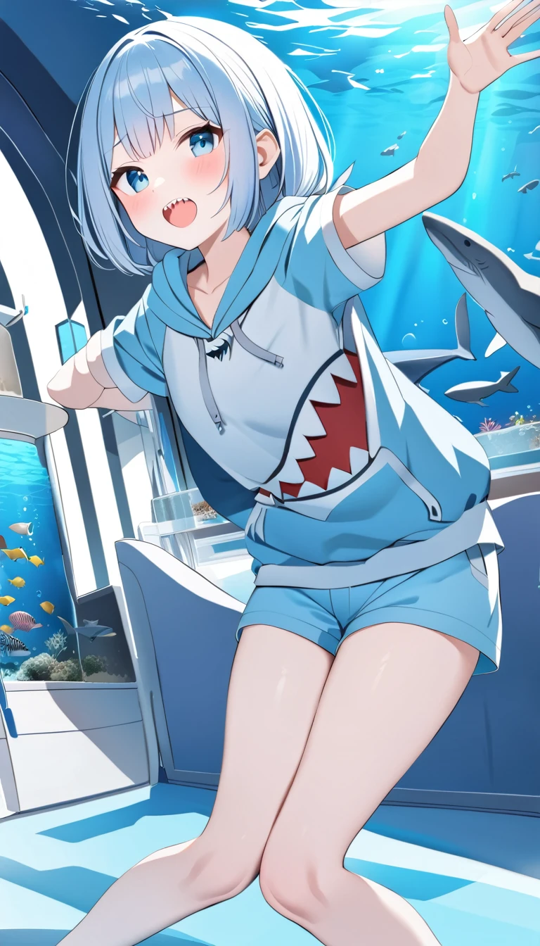 Highest quality、masterpiece:1.3、Perfect Anatomy、One Girl、Shark-chan、かわいいShark-chan、Shark-themed hoodie、Shark teeth on the hood、Wearing a hood、Light Blue Hoodie、Girl with open mouth、Sharp teeth、Shark themed hoodie、Light blue culottes、Random pose、break、aquarium、Large aquarium、美ら海aquarium、Highly detailed whale shark、A whale shark swimming gracefully in the tank、暗いaquarium、Low light、